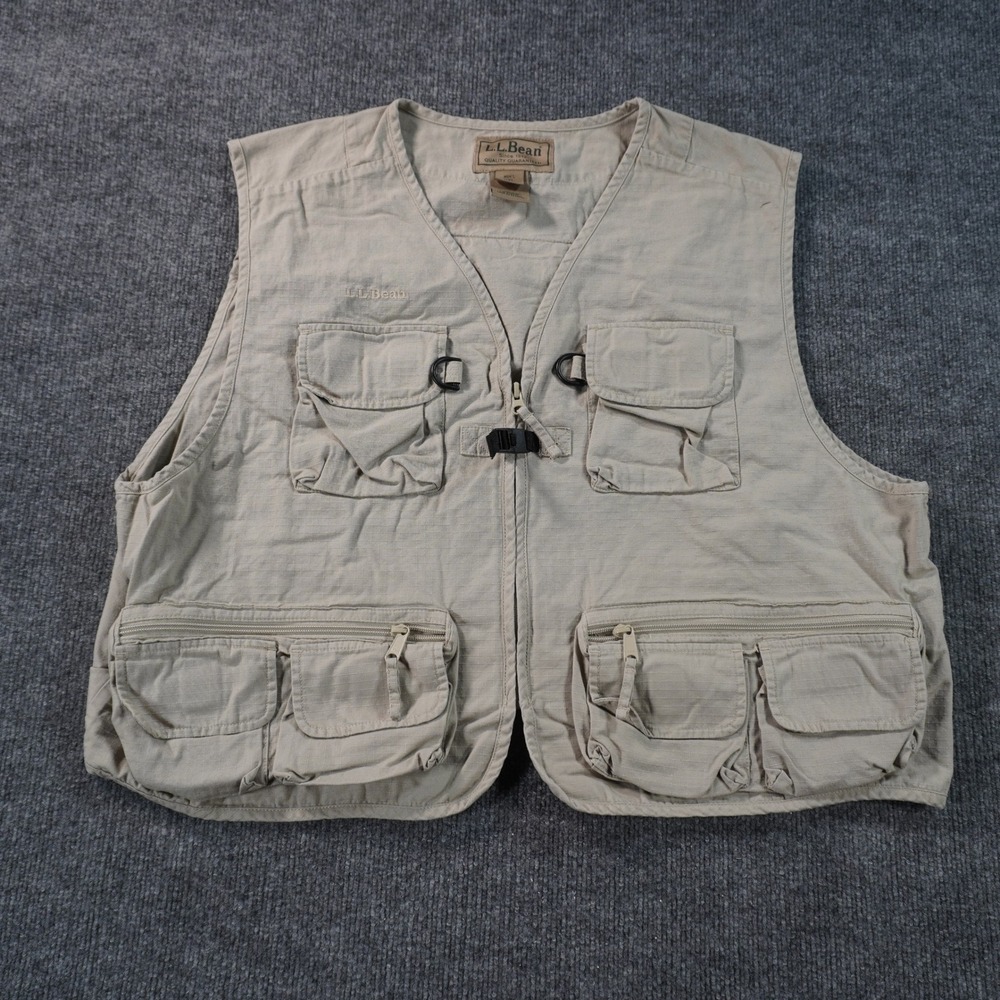 L.L. Bean Utility Vest Men XXL Regular Khaki Ripstop Cotton Cargo Fishing Vest